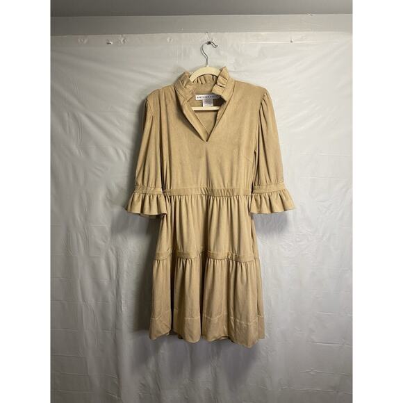 Gretchen Scott Womens Ultra Suede Teardrop Tiered Ruffle Dress Tan Beige Small - Picture 2 of 5